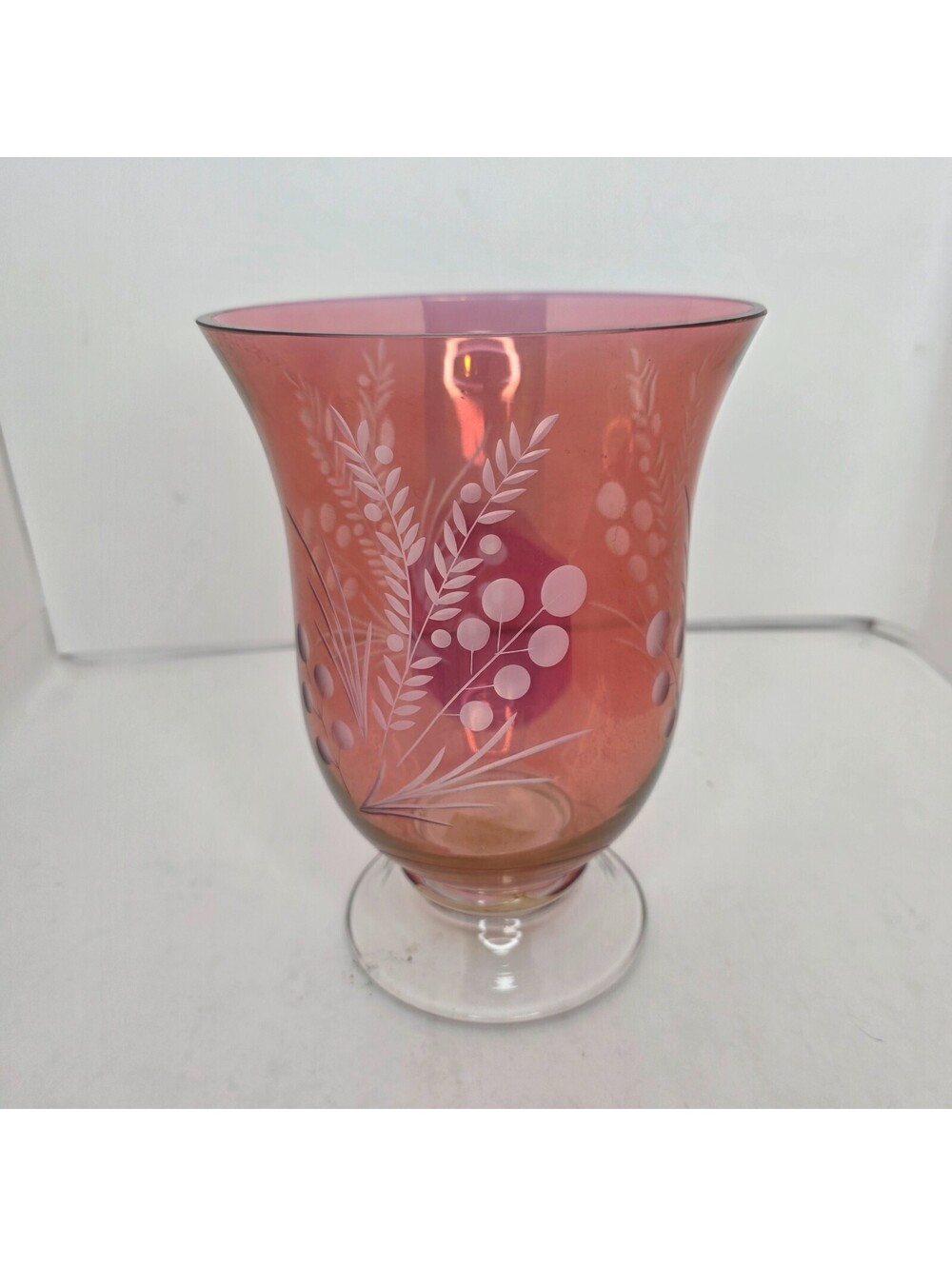 Vintage Lenox Etchings Pink Cranberry Crystal Hurricane Vase Candle Holder 9''